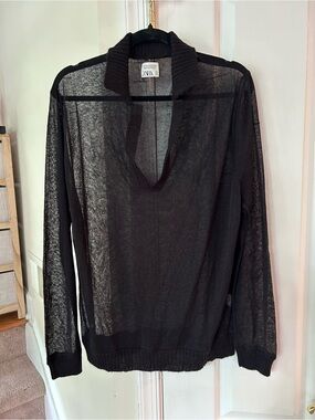 Zara Black Sheer V-Neck Knit Cardigan